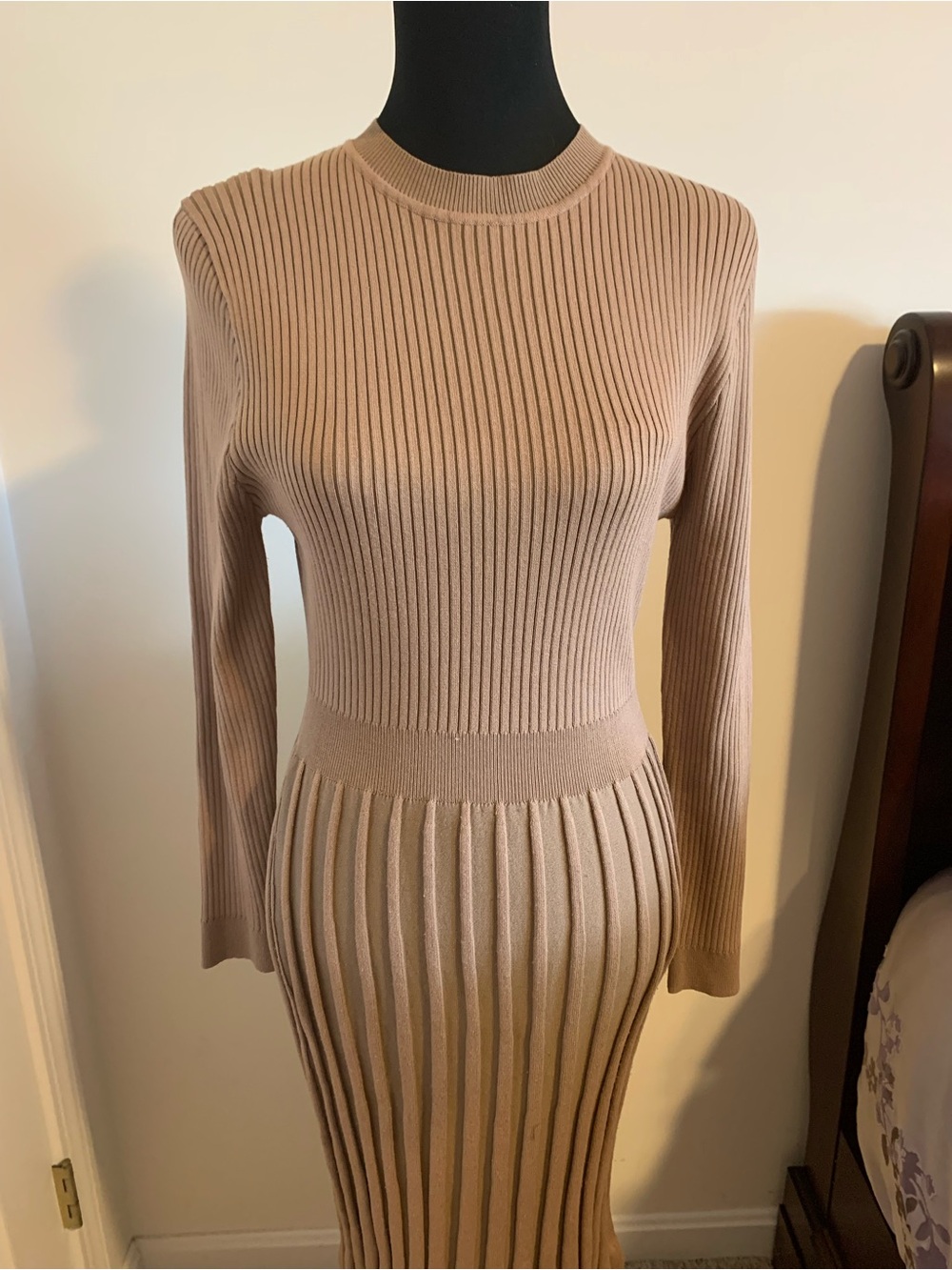 Ashley By 26 International Long Sleeve Ribbed Knit Dress in Beige Taupe